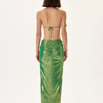 SS26-S-1007-38 raisa_vanessa green-metallic-jersey-balloon-skirt-with-gold-accessory-and-ruched-waistline