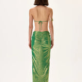 SS26-S-1007-38 raisa_vanessa green-metallic-jersey-balloon-skirt-with-gold-accessory-and-ruched-waistline