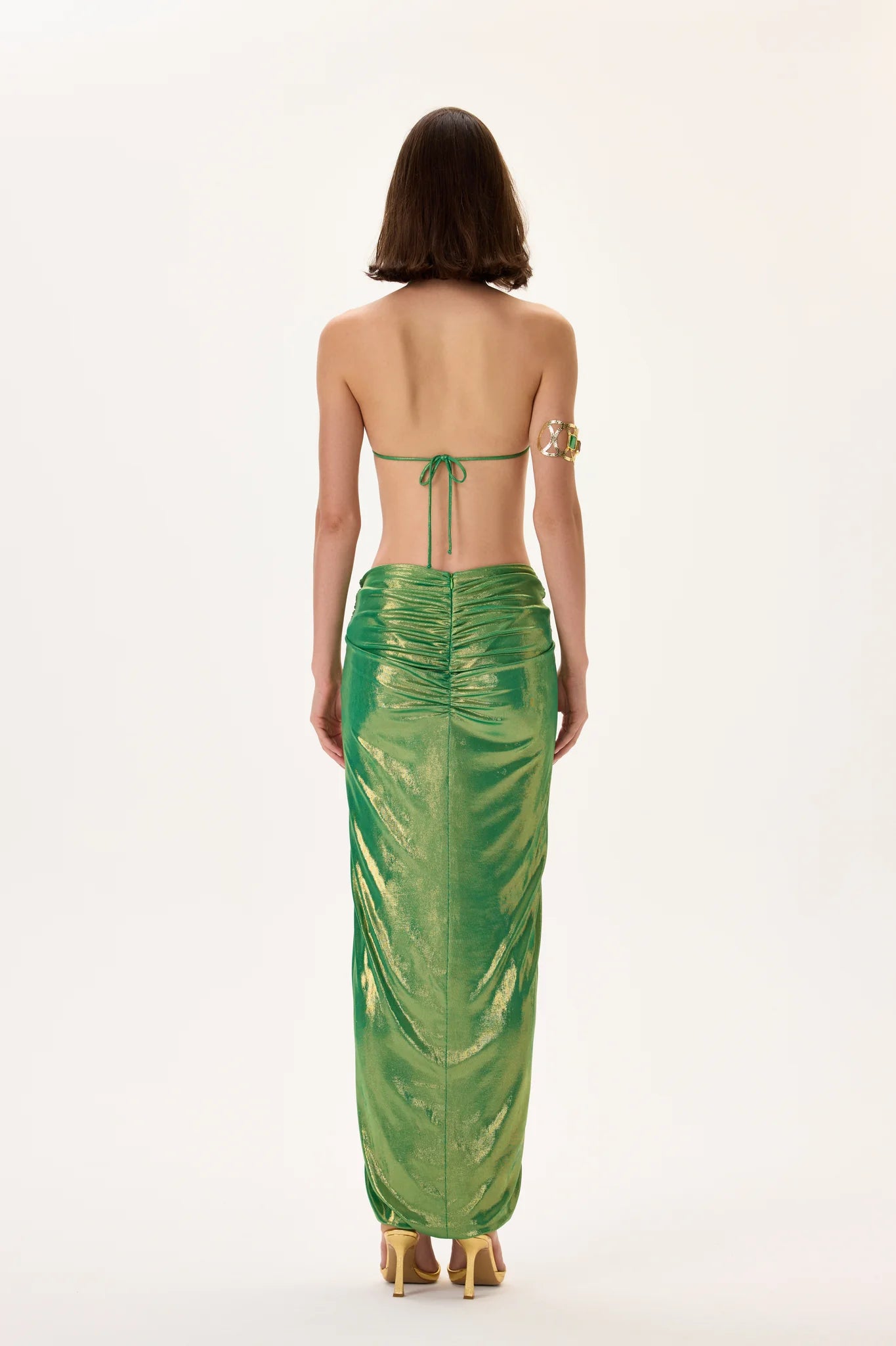 SS26-S-1007-38 raisa_vanessa green-metallic-jersey-balloon-skirt-with-gold-accessory-and-ruched-waistline