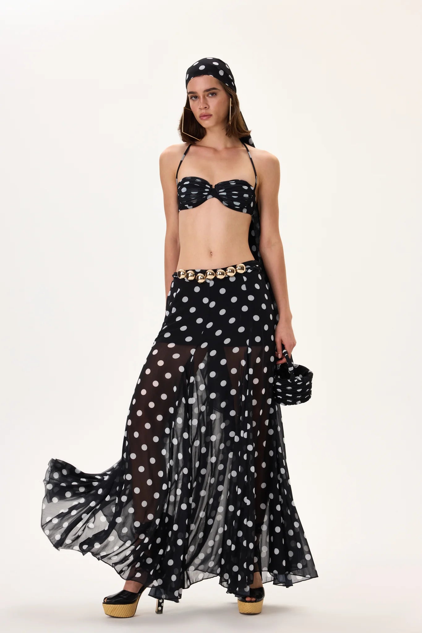 SS26-S-1030-40 raisa_vanessa black-polka-dot-chiffon-skirt-with-gold-metal-belt