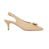 Straw Fabric Kitten Heels Adorned With Bronze Stone
