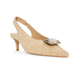 Straw Fabric Kitten Heels Adorned With Bronze Stone