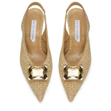 Straw Fabric Kitten Heels Adorned With Bronze Stone