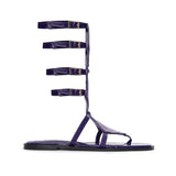 Purple Leather Short Gladiator Sandals With Metallic Violet Armor Detail