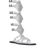 Silver Leather Long Gladiator Sandals With Metallic Armor Detail