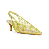 Kitten Heels With Yellow Crystal Fishnet Details
