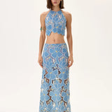 Denim & Lace Crop Top With Gold Metal Centered Flower Embroidery