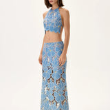 Denim & Lace Crop Top With Gold Metal Centered Flower Embroidery