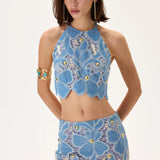 Denim & Lace Crop Top With Gold Metal Centered Flower Embroidery