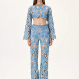 Denim & Lace Crop Top With Gold Metal Centered Flower Embroidery & Sleeves