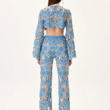 Denim & Lace Crop Top With Gold Metal Centered Flower Embroidery & Sleeves