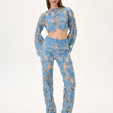 Denim & Lace Crop Top With Gold Metal Centered Flower Embroidery & Sleeves