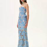 Denim Lace Strapless Corset With Gold Metal Centered Flower Embroidery