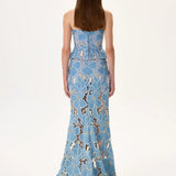 Denim Lace Strapless Corset With Gold Metal Centered Flower Embroidery