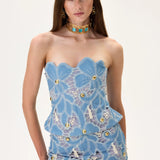 Denim Lace Strapless Corset With Gold Metal Centered Flower Embroidery