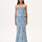 Denim Lace Strapless Corset With Gold Metal Centered Flower Embroidery