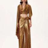 Bronze Metallic Jersey Ruched Waisted Wide Leg Pants