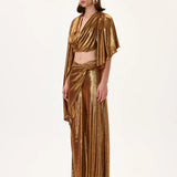 Bronze Metallic Jersey Ruched Waisted Wide Leg Pants