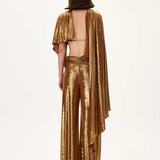 Bronze Metallic Jersey Ruched Waisted Wide Leg Pants