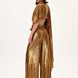 Bronze Metallic Jersey Ruched Waisted Wide Leg Pants