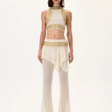Knitted Skirt-Overlay Flare Pants With Gold Metal Belt