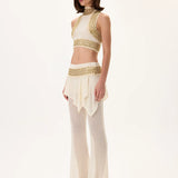 Knitted Skirt-Overlay Flare Pants With Gold Metal Belt
