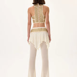 Knitted Skirt-Overlay Flare Pants With Gold Metal Belt