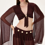 SS26-T-1017-40 raisa_vanessa knitted-burgundy-flare-sleeved-crop-top-with-gold-buckle-and-tie-detail
