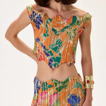 SS26-T-1018-40 raisa_vanessa orange-pleated-viscose-multi-color-flower-printed-top-with-gold-foil-accents