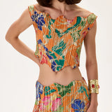 SS26-T-1018-40 raisa_vanessa orange-pleated-viscose-multi-color-flower-printed-top-with-gold-foil-accents