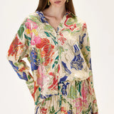 Ecru Viscone Multi-Color Flower Printed Shirt with Gold Foil Accents