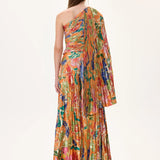 Orange Pleated Viscone Multi Color Flower Printed Wide Leg Pants With Gold Foil Accents