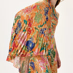 SS26-T-1021-40 raisa_vanessa orange-pleated-viscose-multi-color-flower-printed-one-sleeved-top-with-gold-foil-accents