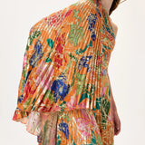 SS26-T-1021-40 raisa_vanessa orange-pleated-viscose-multi-color-flower-printed-one-sleeved-top-with-gold-foil-accents
