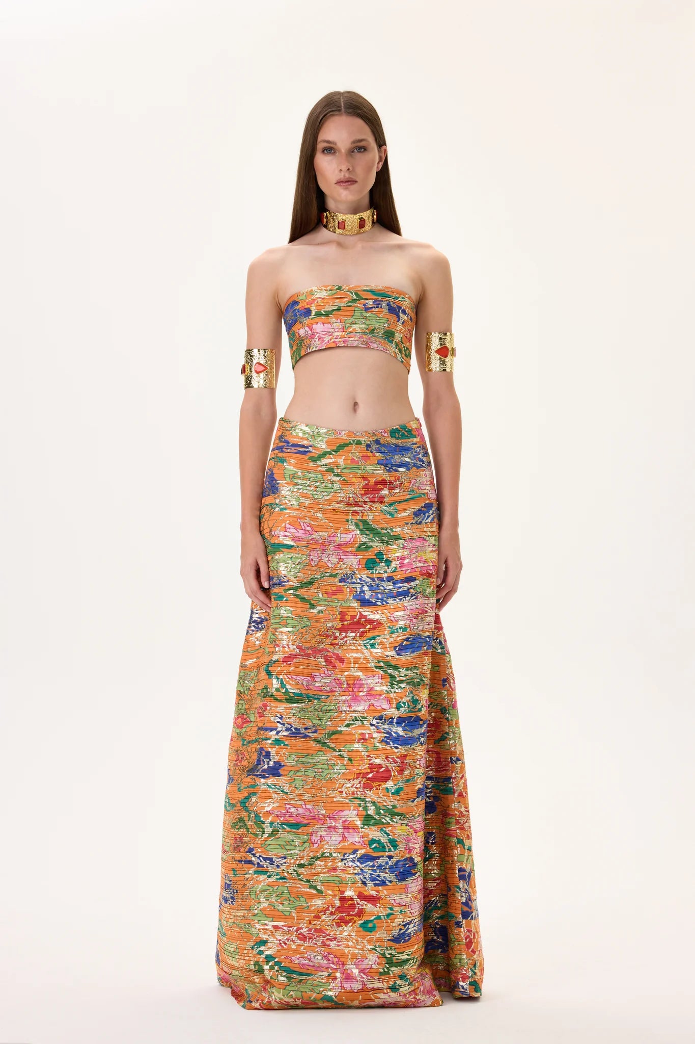 SS26-T-1022-34 raisa_vanessa orange-pleated-viscose-multi-color-flower-printed-mini-dress-with-gold-foil-accents-1