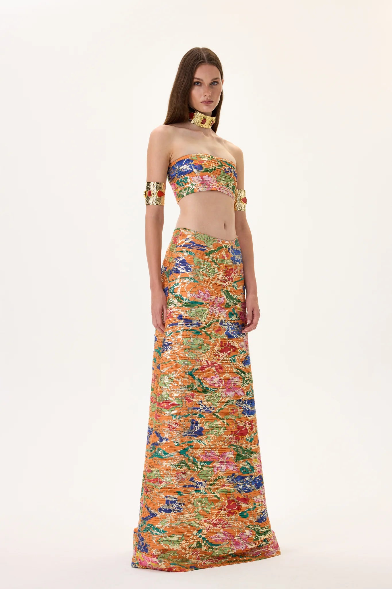 SS26-T-1022-36 raisa_vanessa orange-pleated-viscose-multi-color-flower-printed-mini-dress-with-gold-foil-accents-1