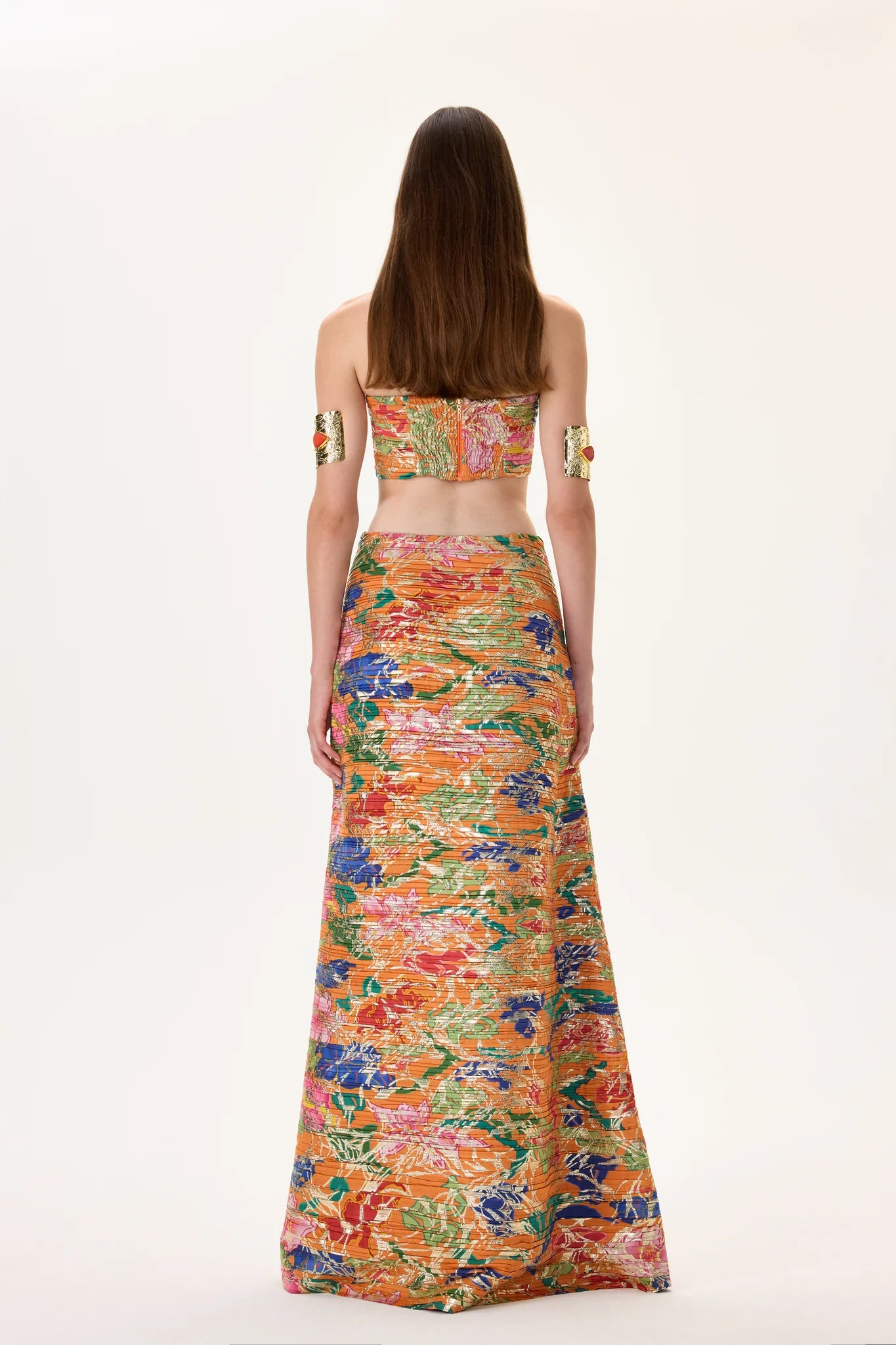 SS26-T-1022-38 raisa_vanessa orange-pleated-viscose-multi-color-flower-printed-mini-dress-with-gold-foil-accents-1