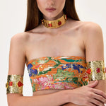 SS26-T-1022-40 raisa_vanessa orange-pleated-viscose-multi-color-flower-printed-mini-dress-with-gold-foil-accents-1