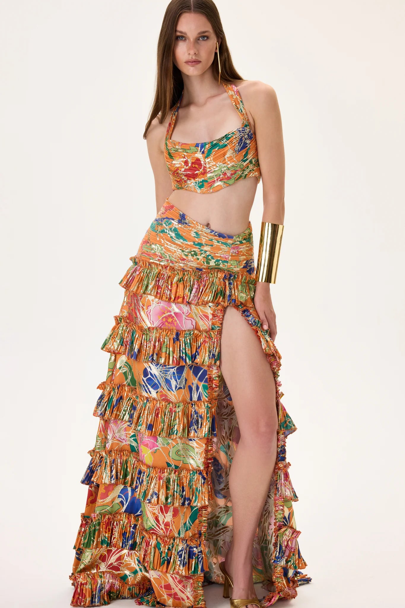 SS26-T-1023-36 raisa_vanessa orange-pleated-viscose-multi-color-flower-printed-crop-top-with-gold-foil-accents