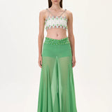 Green Wide Leg Chiffon Pants with Gold Buckled Belt