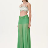 Green Wide Leg Chiffon Pants with Gold Buckled Belt