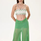 Green Wide Leg Chiffon Pants with Gold Buckled Belt