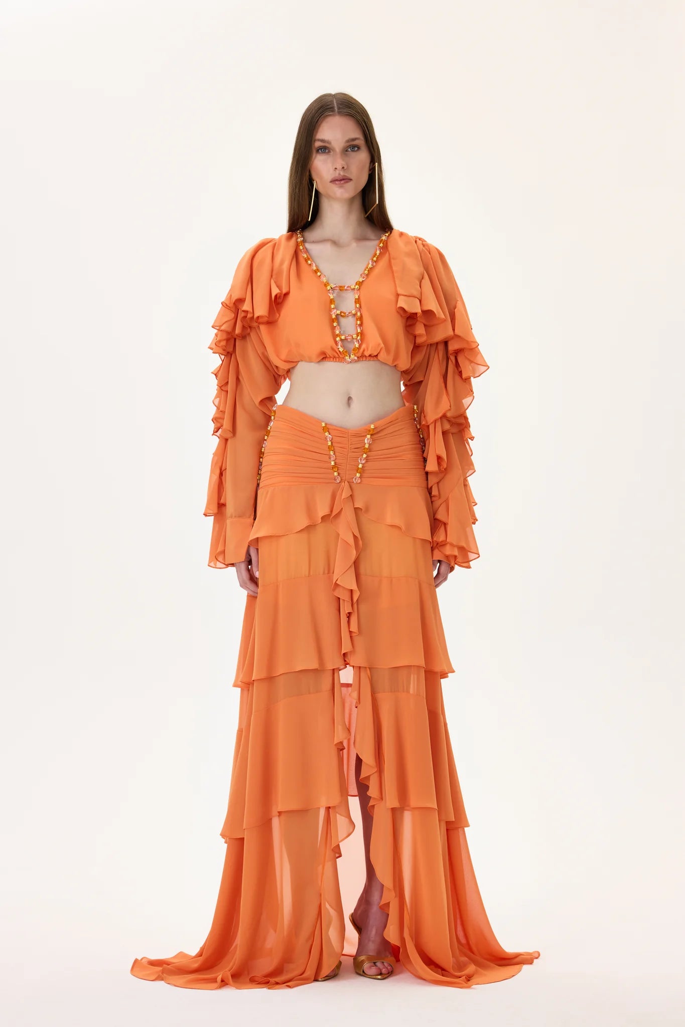 SS26-T-1029-34 raisa_vanessa orange-chiffon-crop-top-with-ruffled-sleeves-and-stoned-neckline