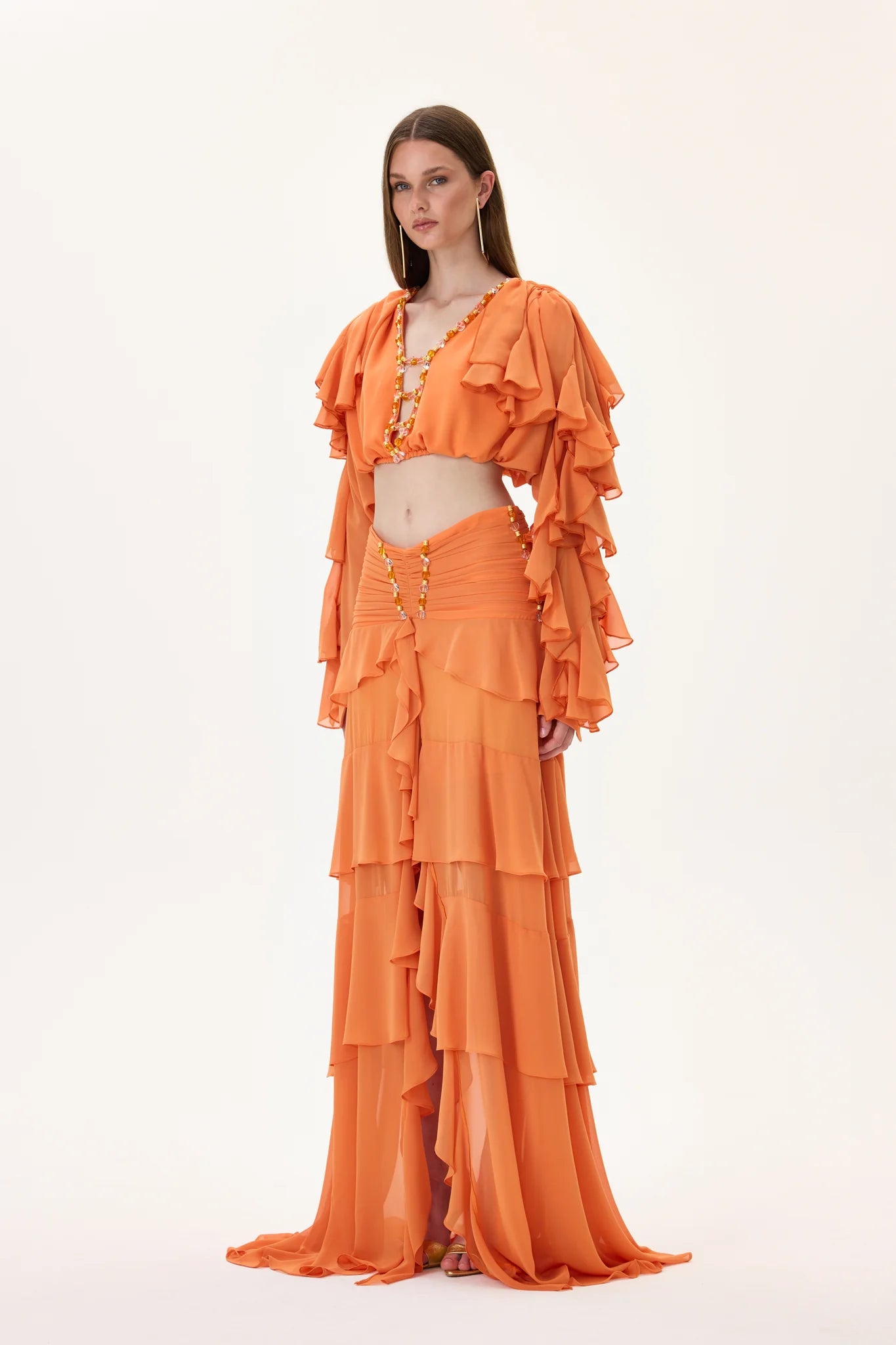 SS26-T-1029-36 raisa_vanessa orange-chiffon-crop-top-with-ruffled-sleeves-and-stoned-neckline