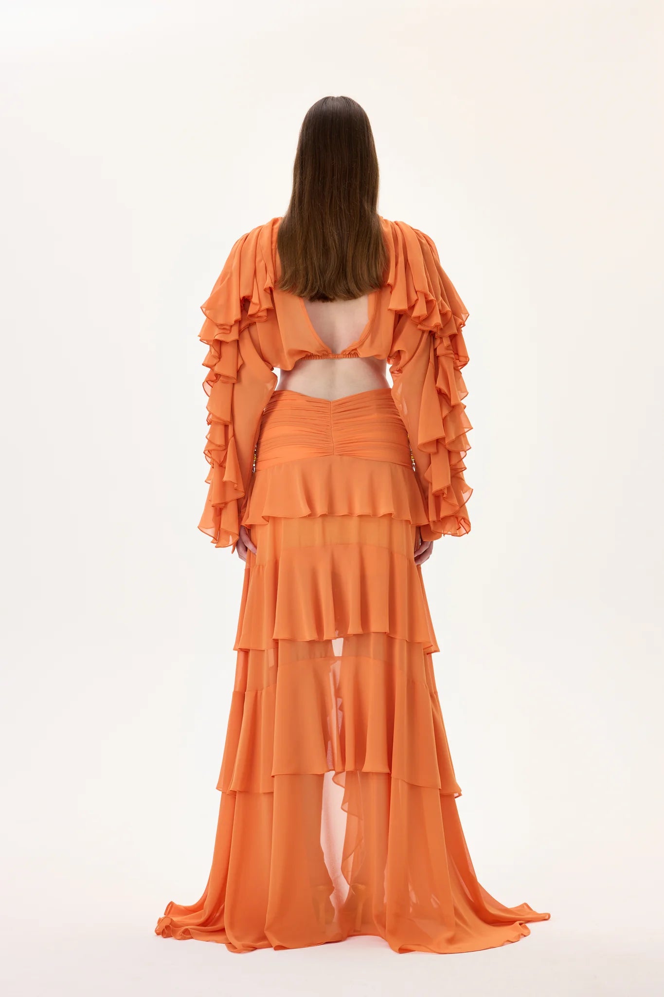 SS26-T-1029-38 raisa_vanessa orange-chiffon-crop-top-with-ruffled-sleeves-and-stoned-neckline