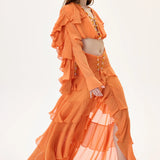 SS26-S-1019-40 raisa_vanessa orange-chiffon-ruffled-skirt-with-ruched-waistline-and-beadings