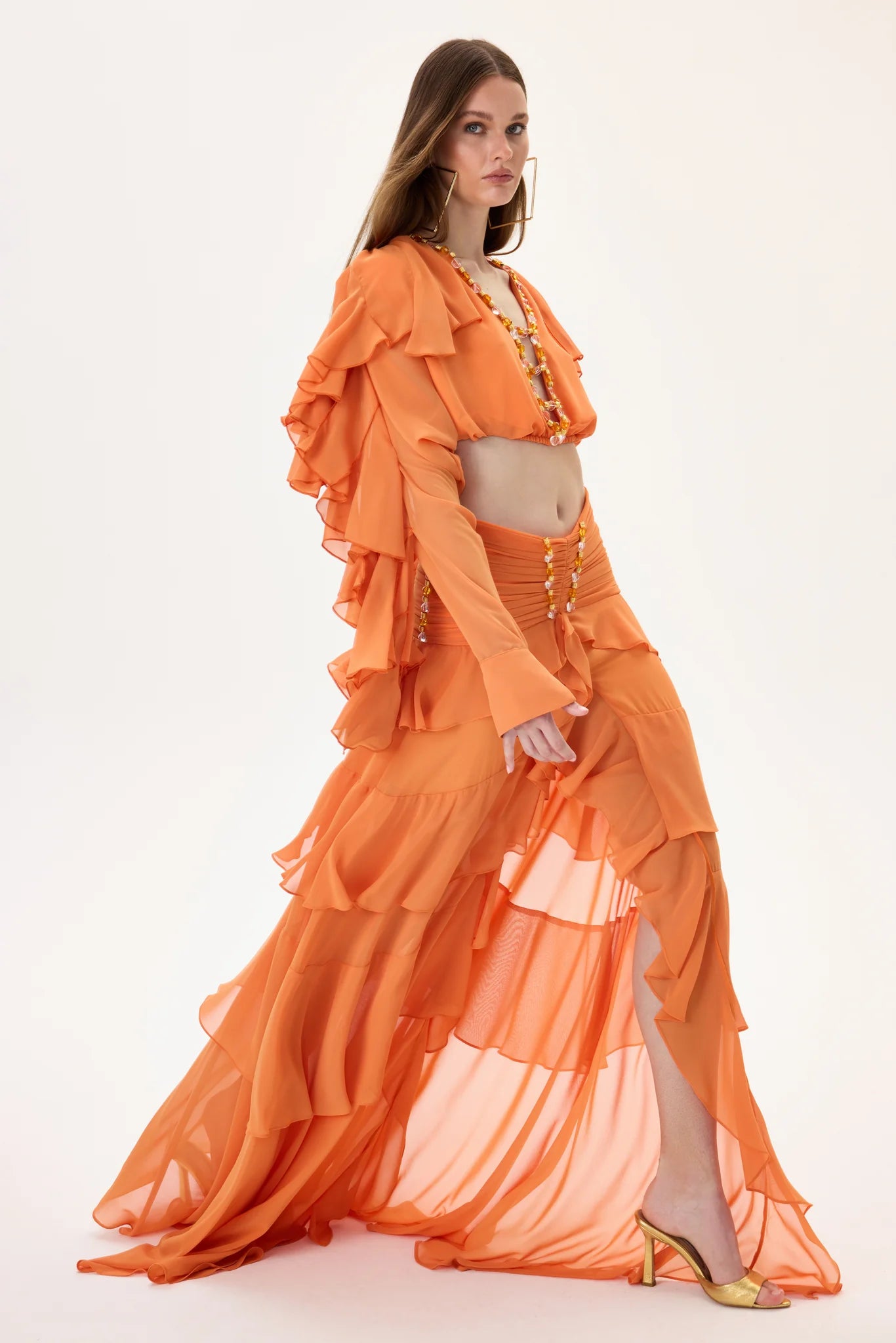 SS26-S-1019-40 raisa_vanessa orange-chiffon-ruffled-skirt-with-ruched-waistline-and-beadings