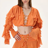 SS26-T-1029-40 raisa_vanessa orange-chiffon-crop-top-with-ruffled-sleeves-and-stoned-neckline