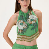 SS26-T-1030-38 raisa_vanessa chiffon-crystal-flower-appliqued-halter-neck-crop-top-with-hand-embroidered-beaded-fringes