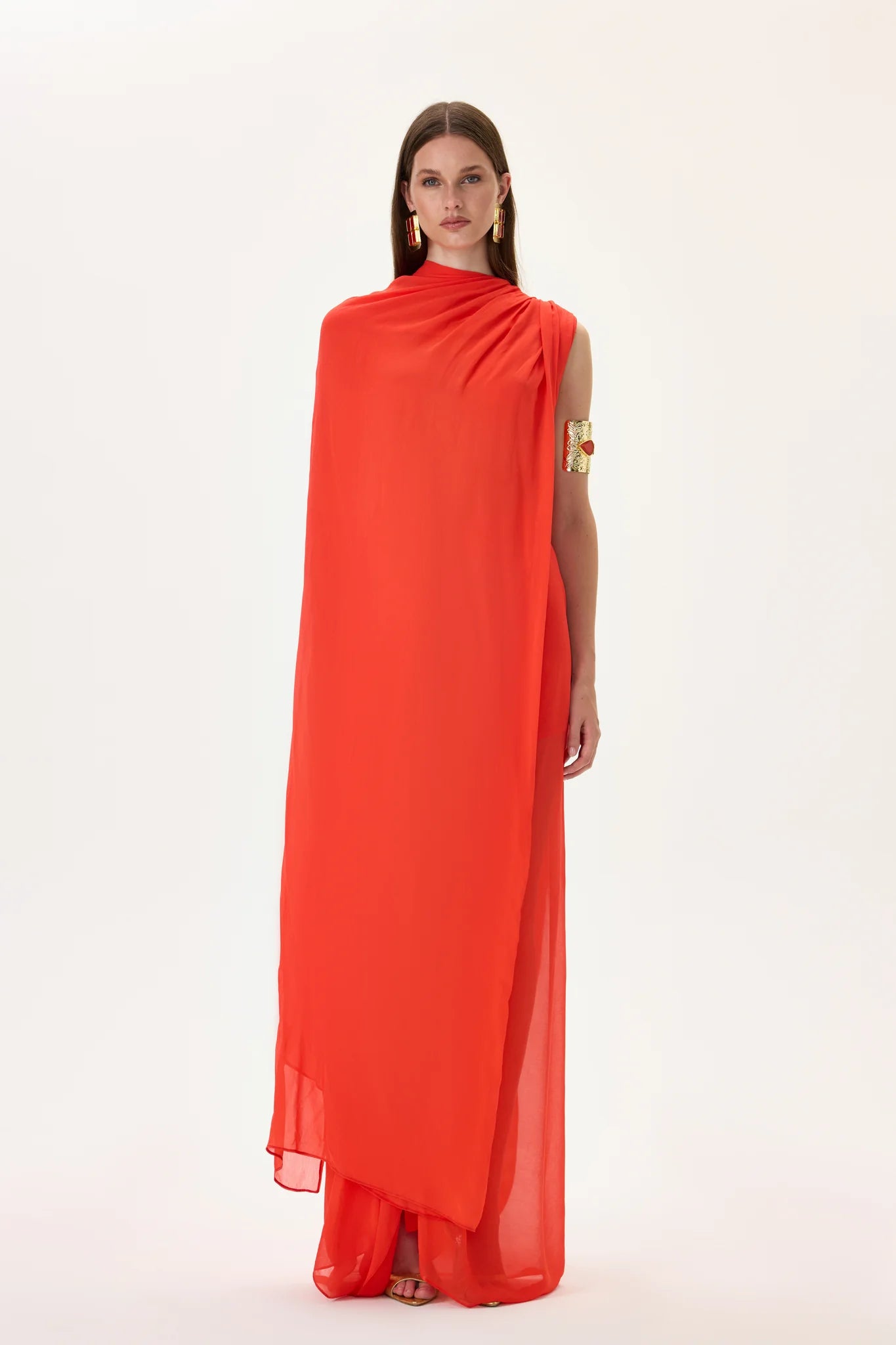 SS26-T-1033-40 raisa_vanessa vivid-pomegranate-chiffon-one-shouldered-cape-top
